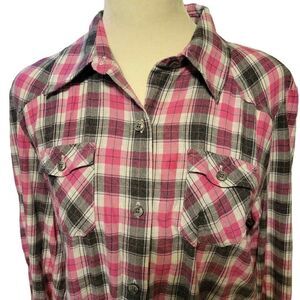 Izod 100% Cotton Pink and Gray Plaid Women's Button Down Shirt Size Medium